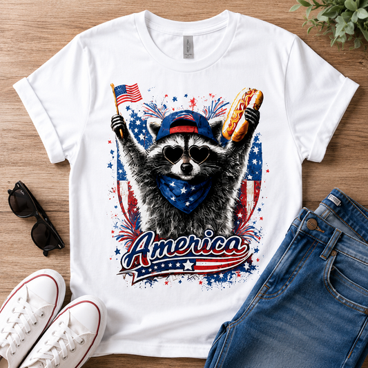 Patriotic Raccoon T‑Shirt – Funny 4th of July Graphic Tee