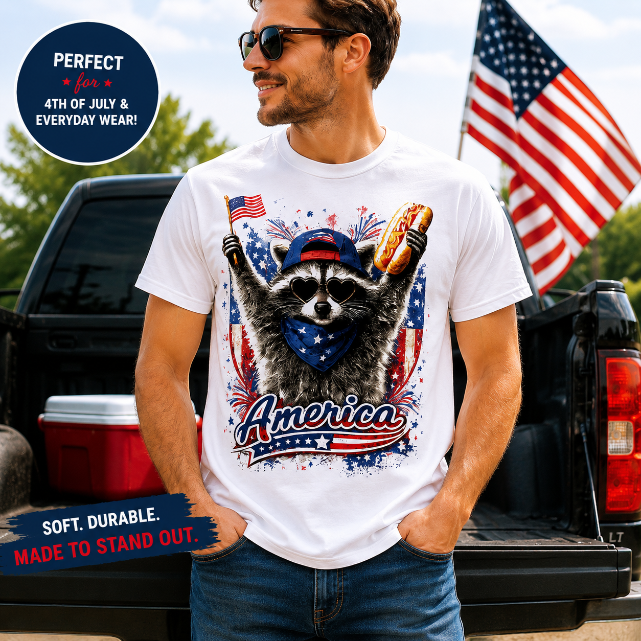 Patriotic Raccoon T‑Shirt – Funny 4th of July Graphic Tee